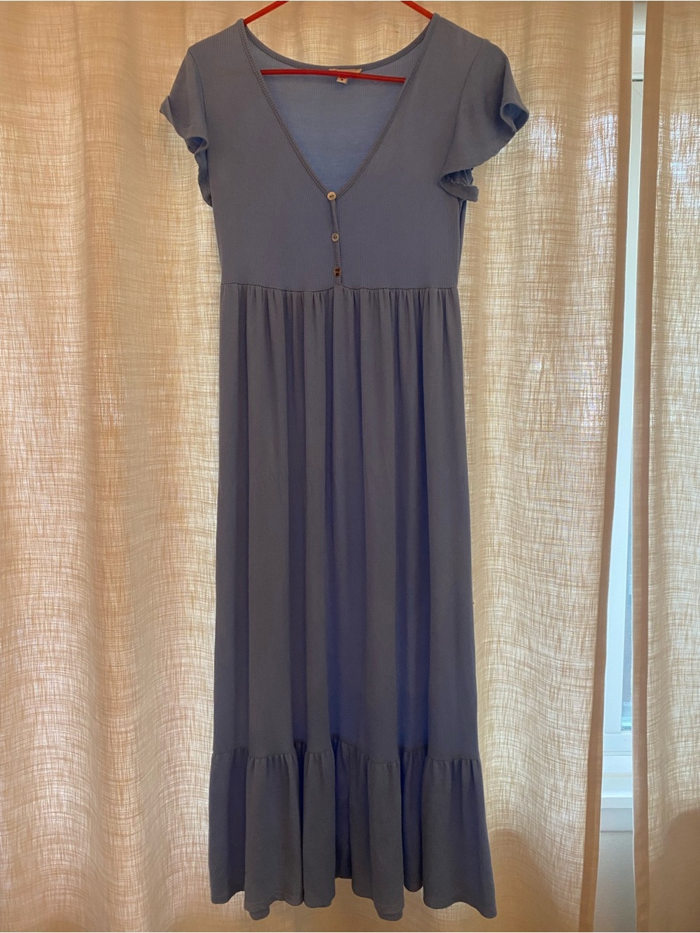 See You Monday Dusty Blue Maxi Dress with V-Neck and Buttons